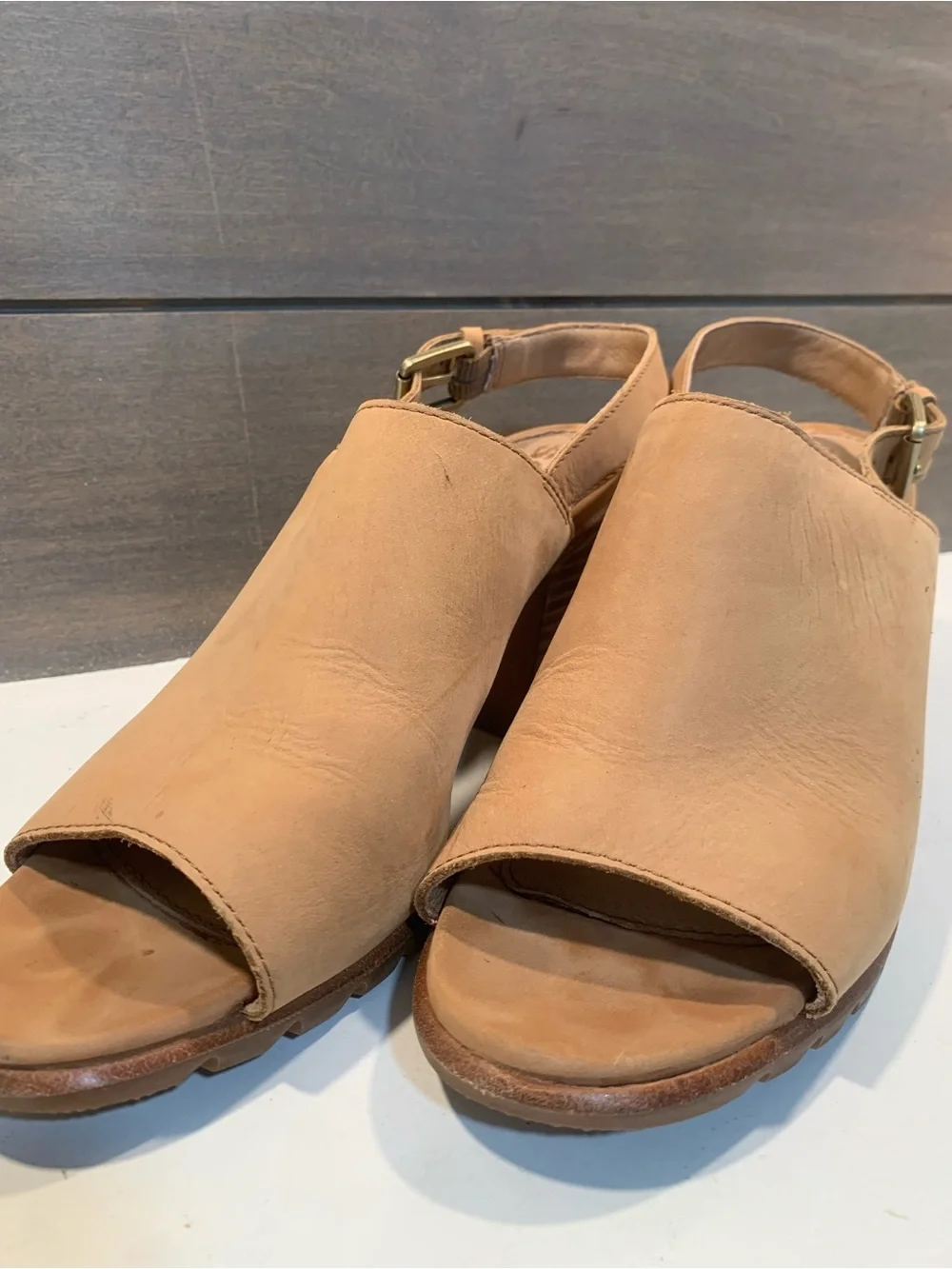 Sorel Tan Leather Open-Toe Slingback Block Heel Sandals